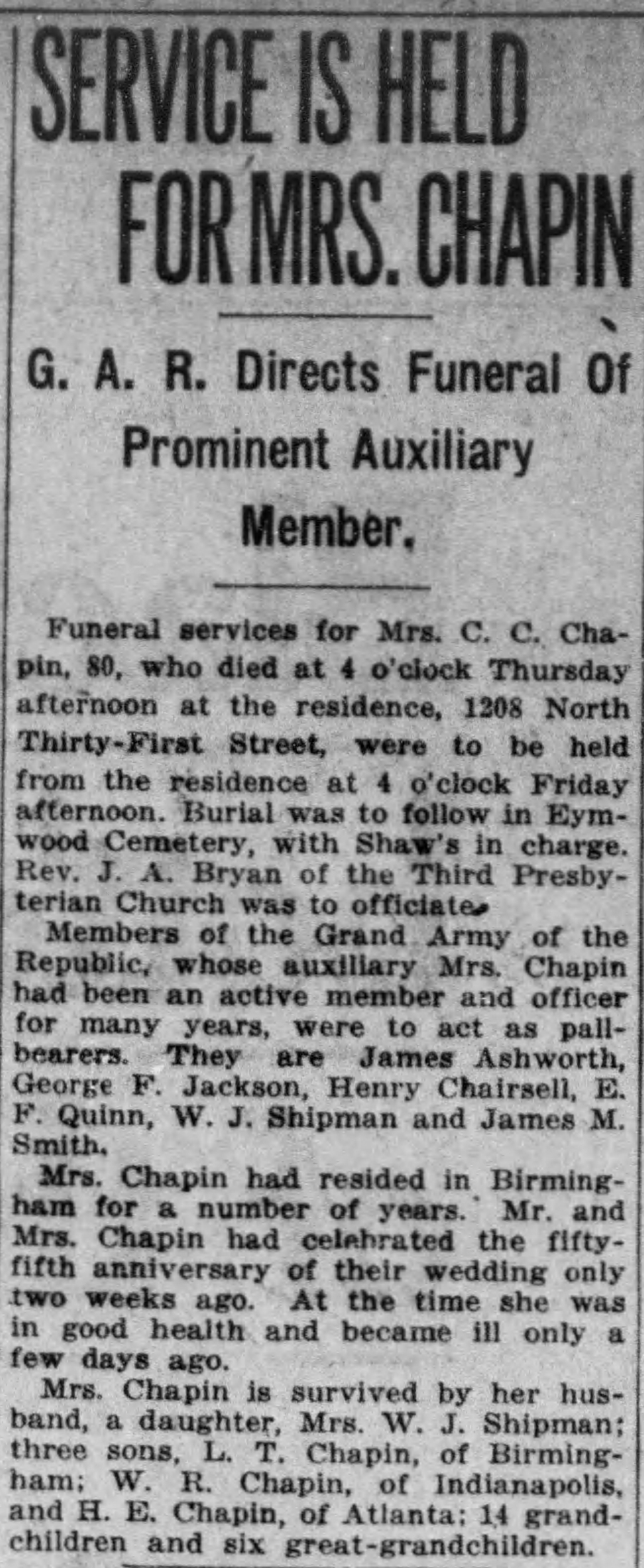 Mrs. C.C. Chapin obituary